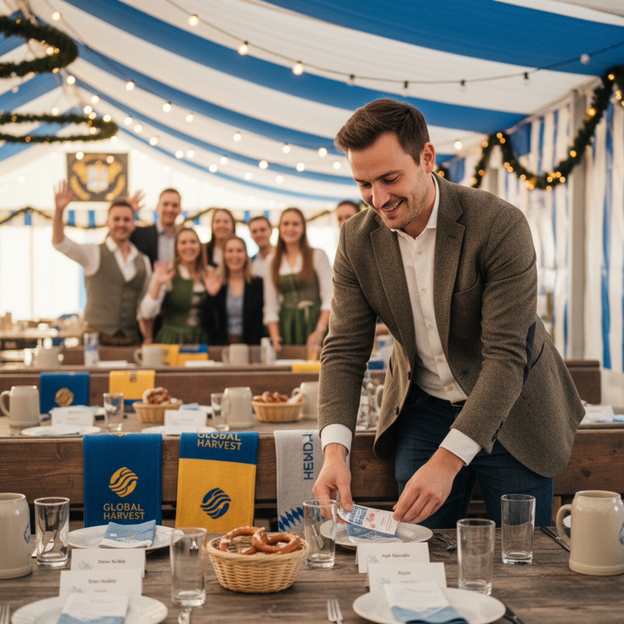 Ein großer Tisch mit einheitlichen Schals einer Firma, ordentlich gefaltete Platzkarten liegen bereit. Ein Gastgeber legt Getränkebons neben die Teller, im Hintergrund winkt eine Gruppe beim Eintreffen. Die Szene strahlt Organisation und Vorfreude auf einen gemeinsamen Abend aus.