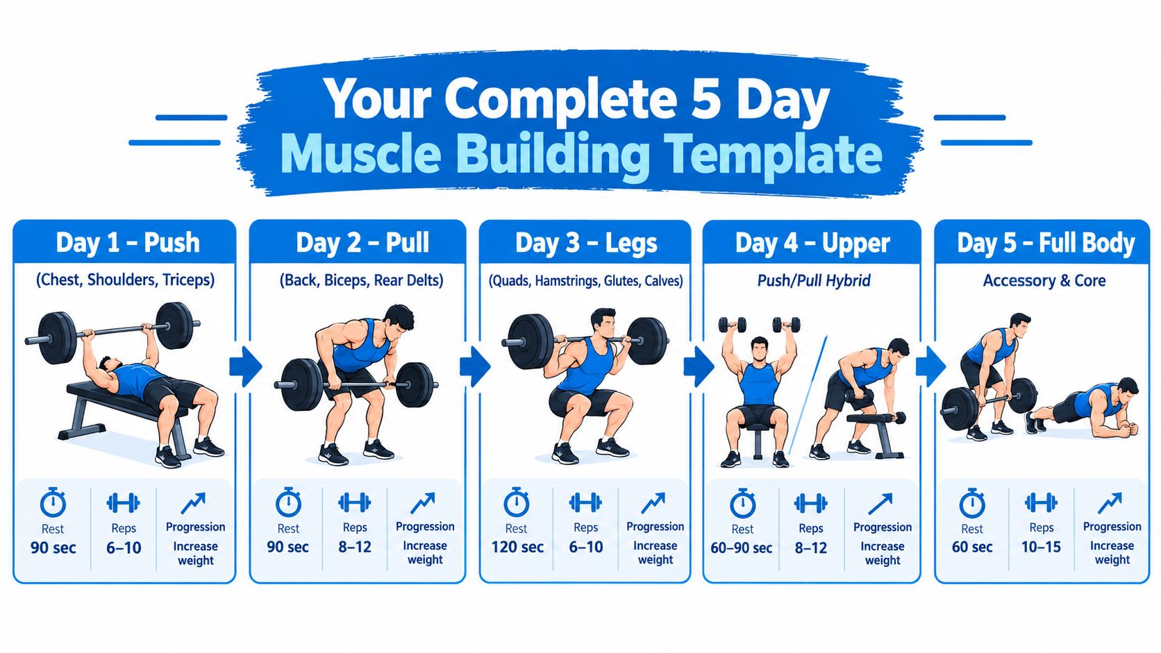 A structured 5 day muscle building workout template for push, pull, legs, upper, and full body training.