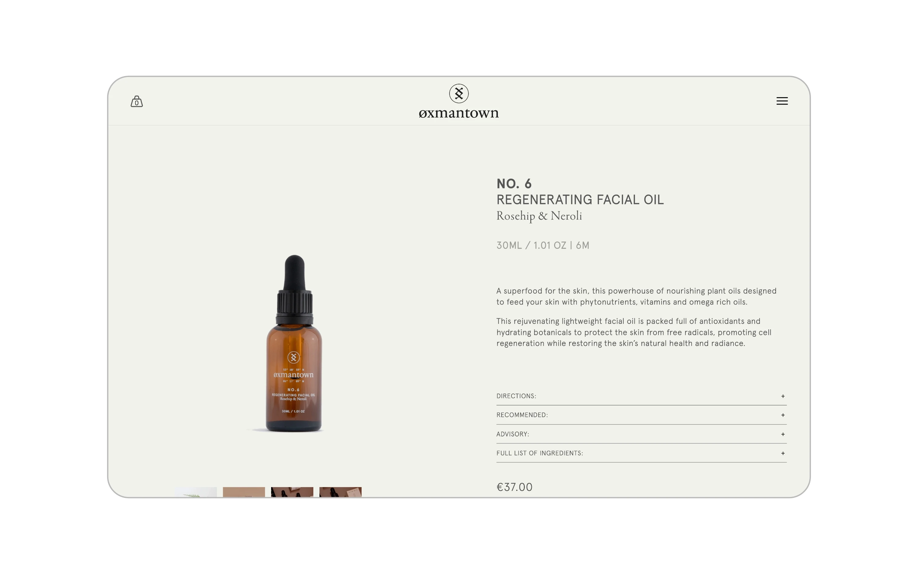 detail from website showing a product page with an image gallery on the right and a product description on the left