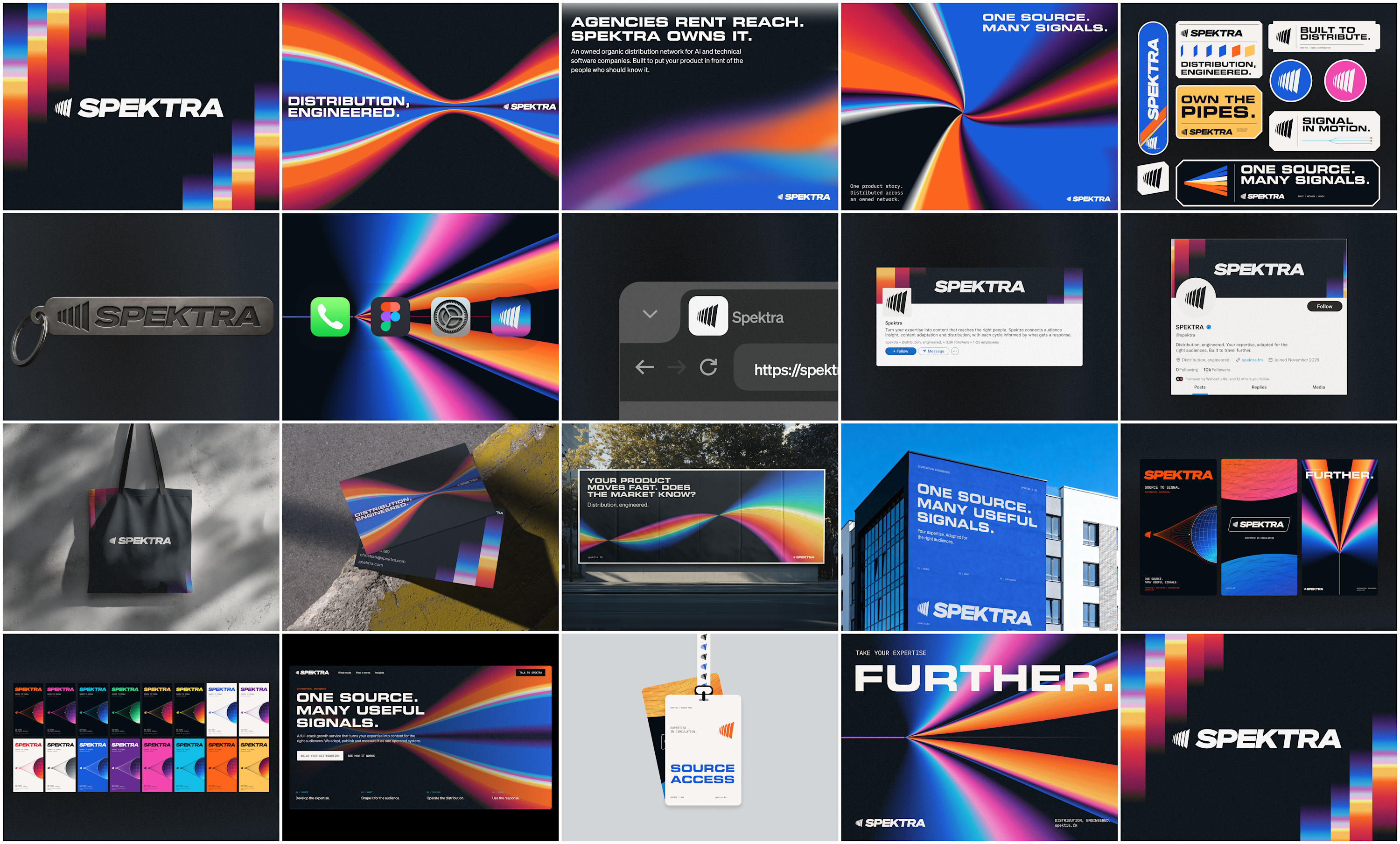 Spektra — visual identity overview: logo, spectrum gradients, posters, stickers, business cards, billboard, website hero and merchandise