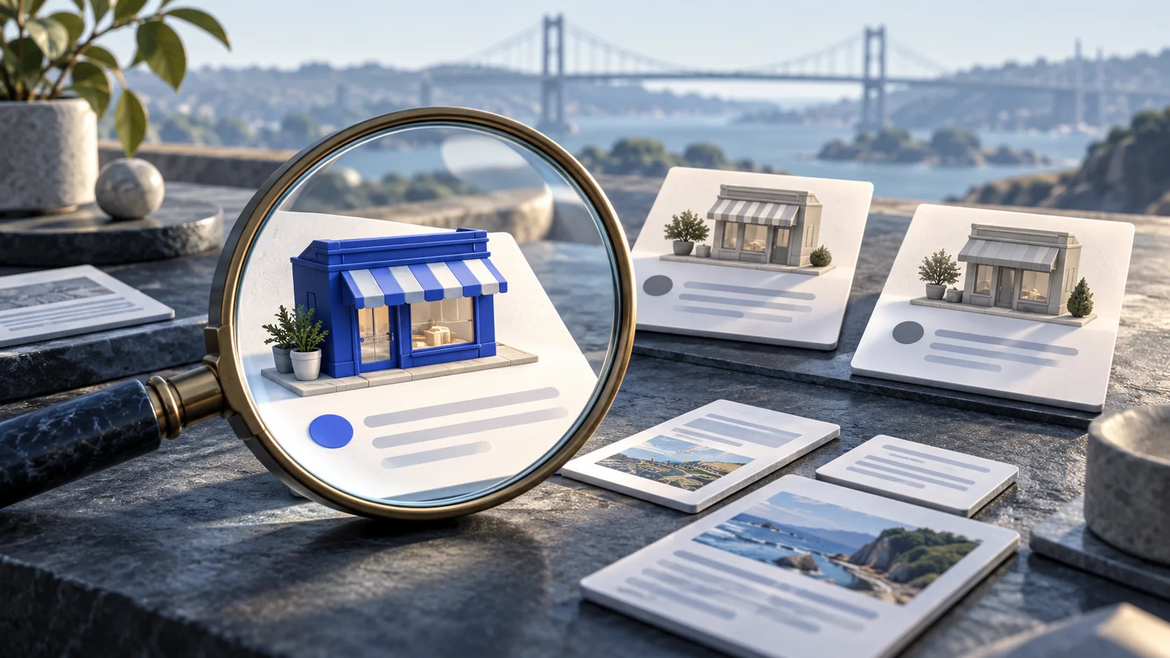 Magnifying glass comparing AI recommendation cards for a Newport business.