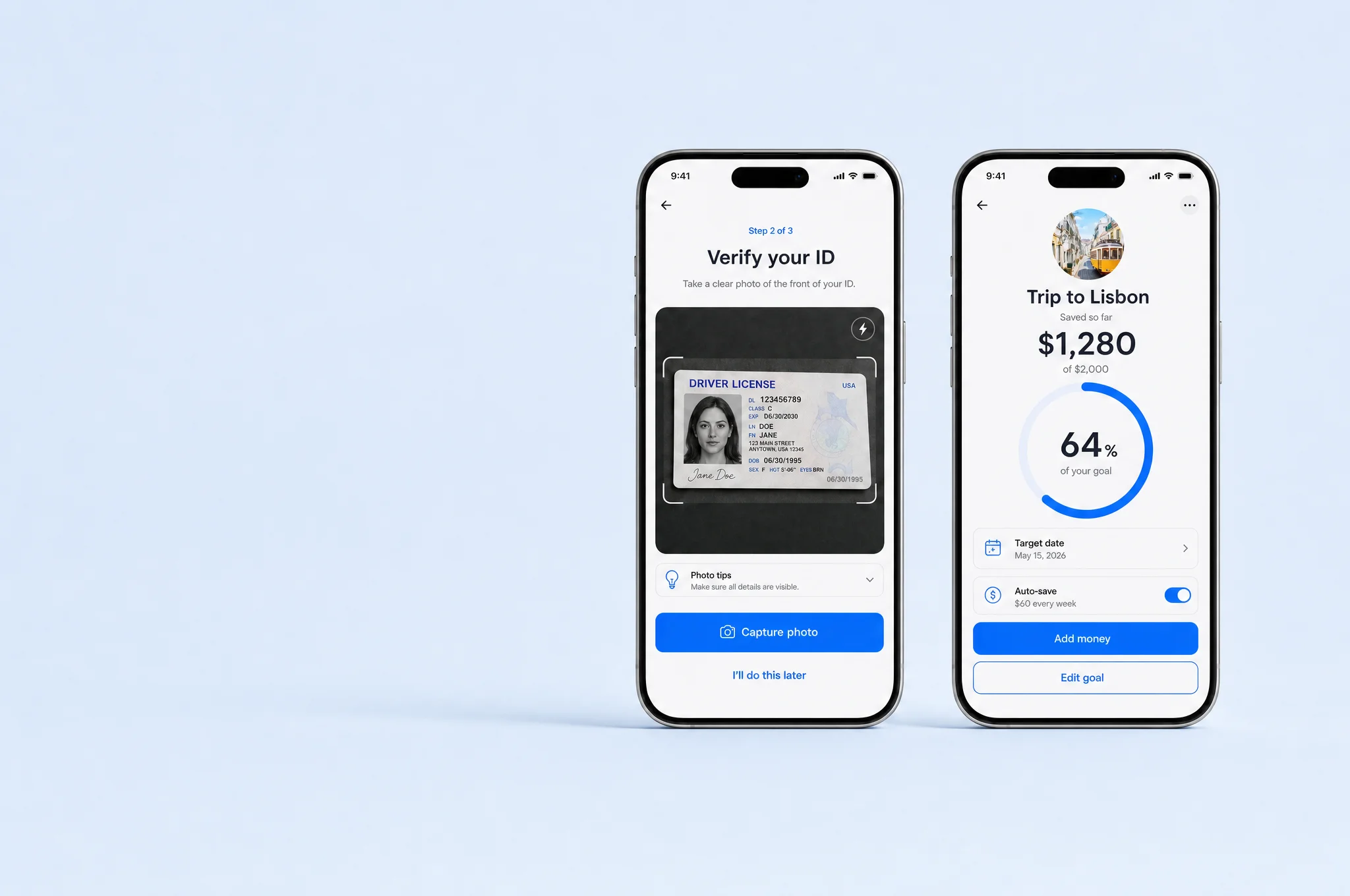 Two phones from the Sparvik savings app on a pale blue ground: the ID step and a savings goal at 64%
