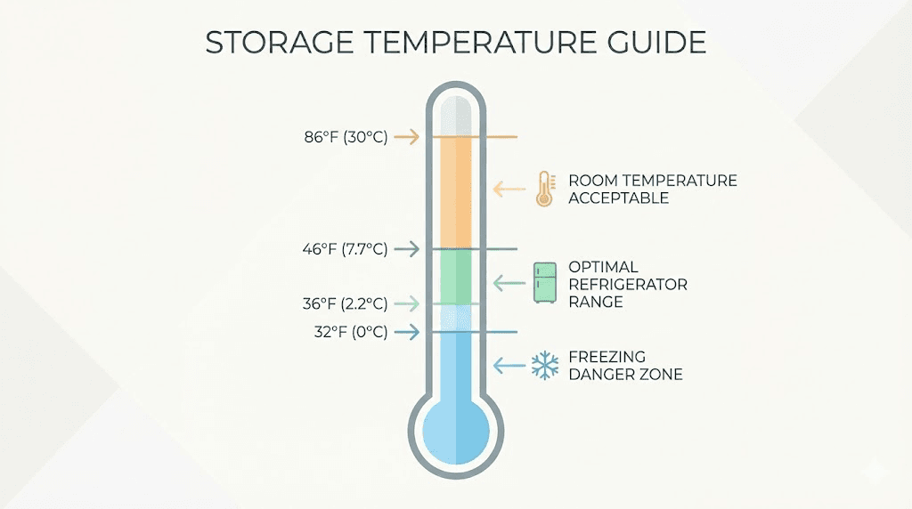 Tirzepatide storage temperature guide showing safe and dangerous ranges