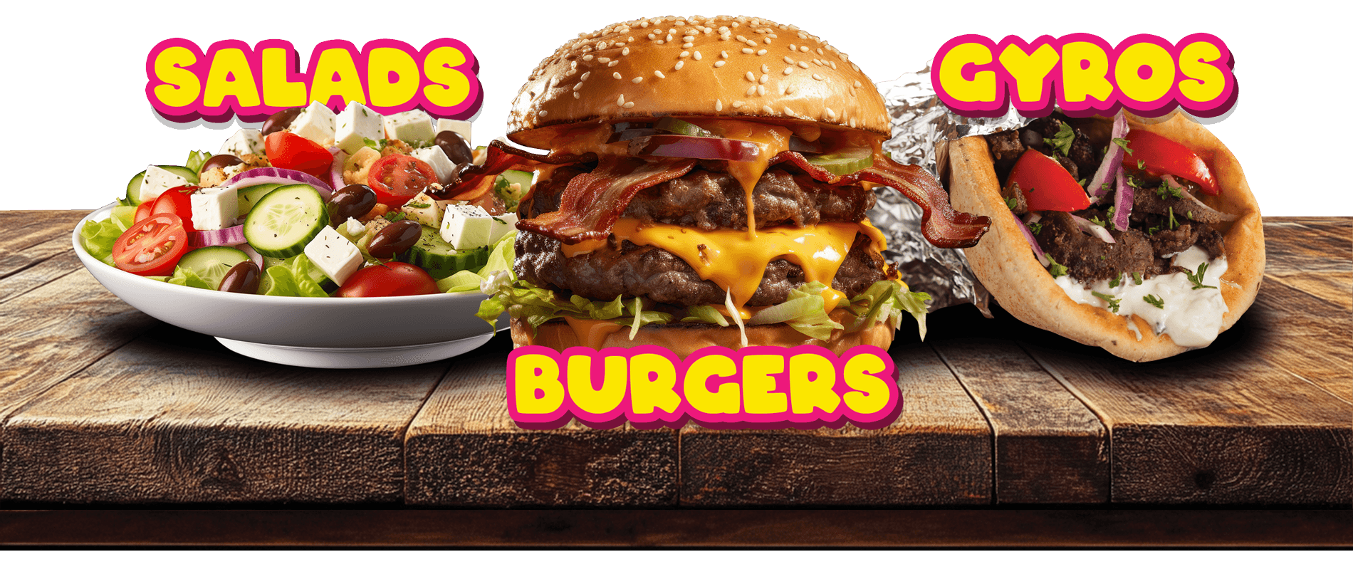 Fresh Greek salad, juicy burger, and authentic gyro pita from North End Pizza, Virginia Beach restaurant serving NY style hand-tossed pizza and Mediterranean favorites