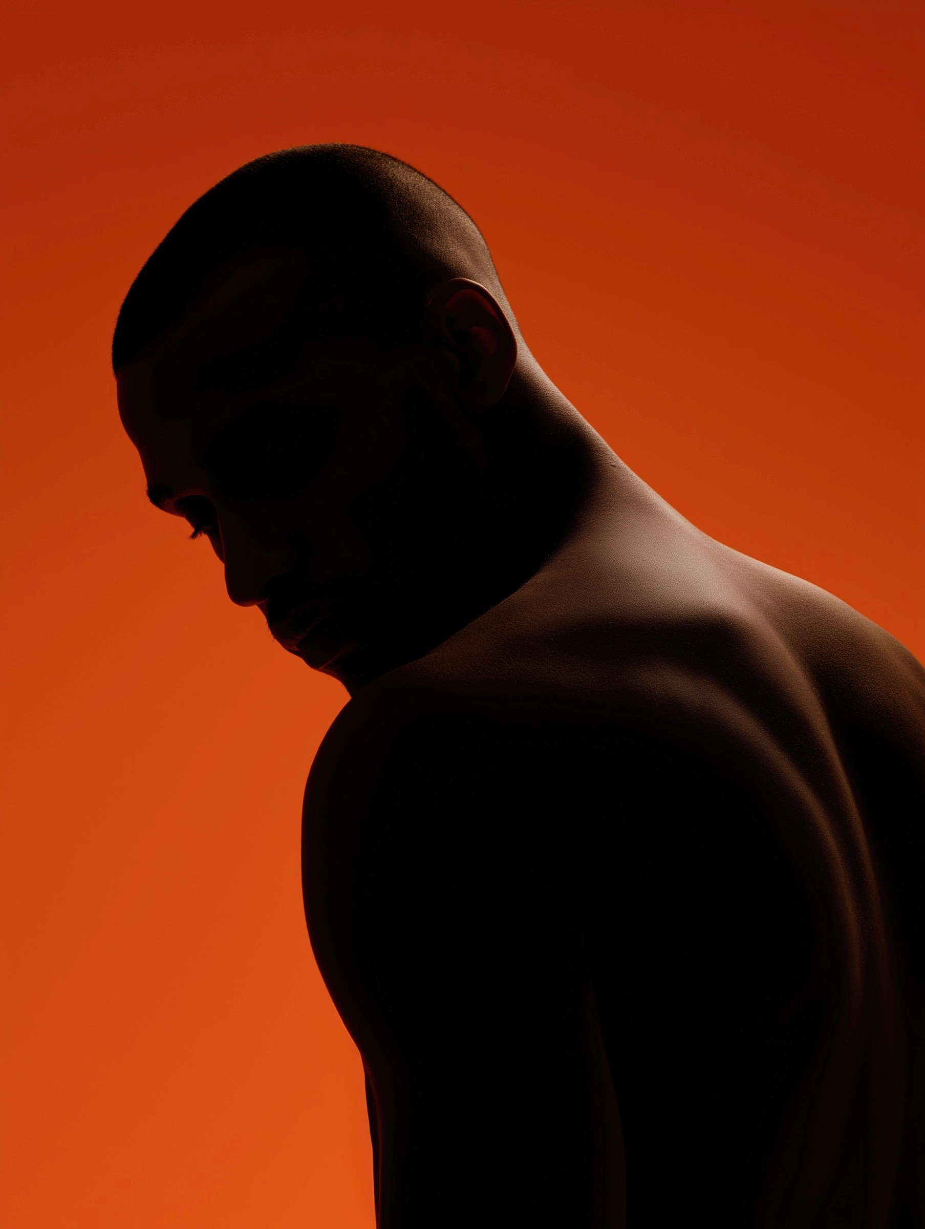 Portrait of Léon Varet in profile against an orange wall
