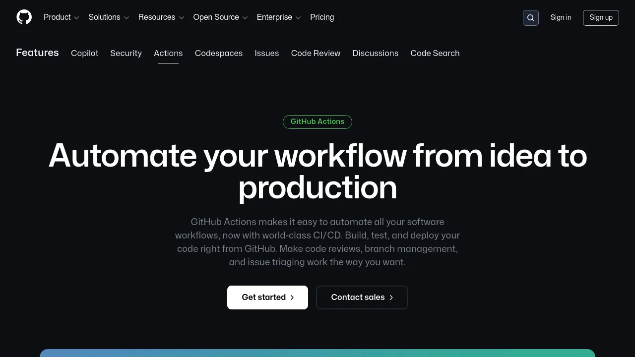 Screenshot of the GitHub Actions website highlighting workflow automation and CI/CD integration