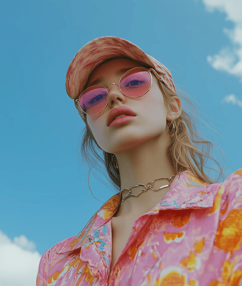 Woman in pink glasses having the cap on her head