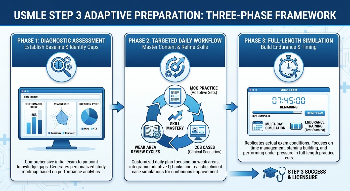 Three phases of adaptive USMLE Step 3 preparation workflow