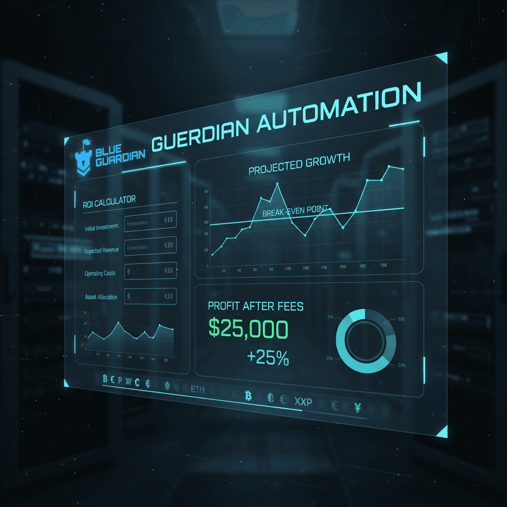 Futuristic calculator dashboard visualizing break even and ROI with subscription and trading fees.
