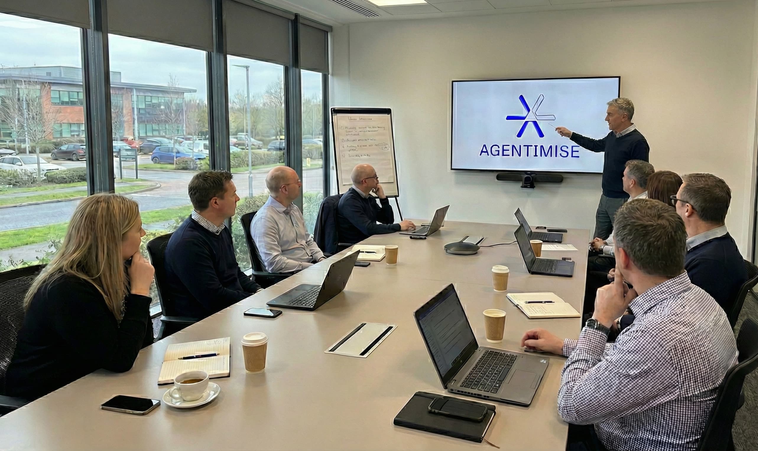 Business team in a conference room participating in an AI training session, as a presenter explains digital transformation strategies in front of a screen showing the Agentimise logo.