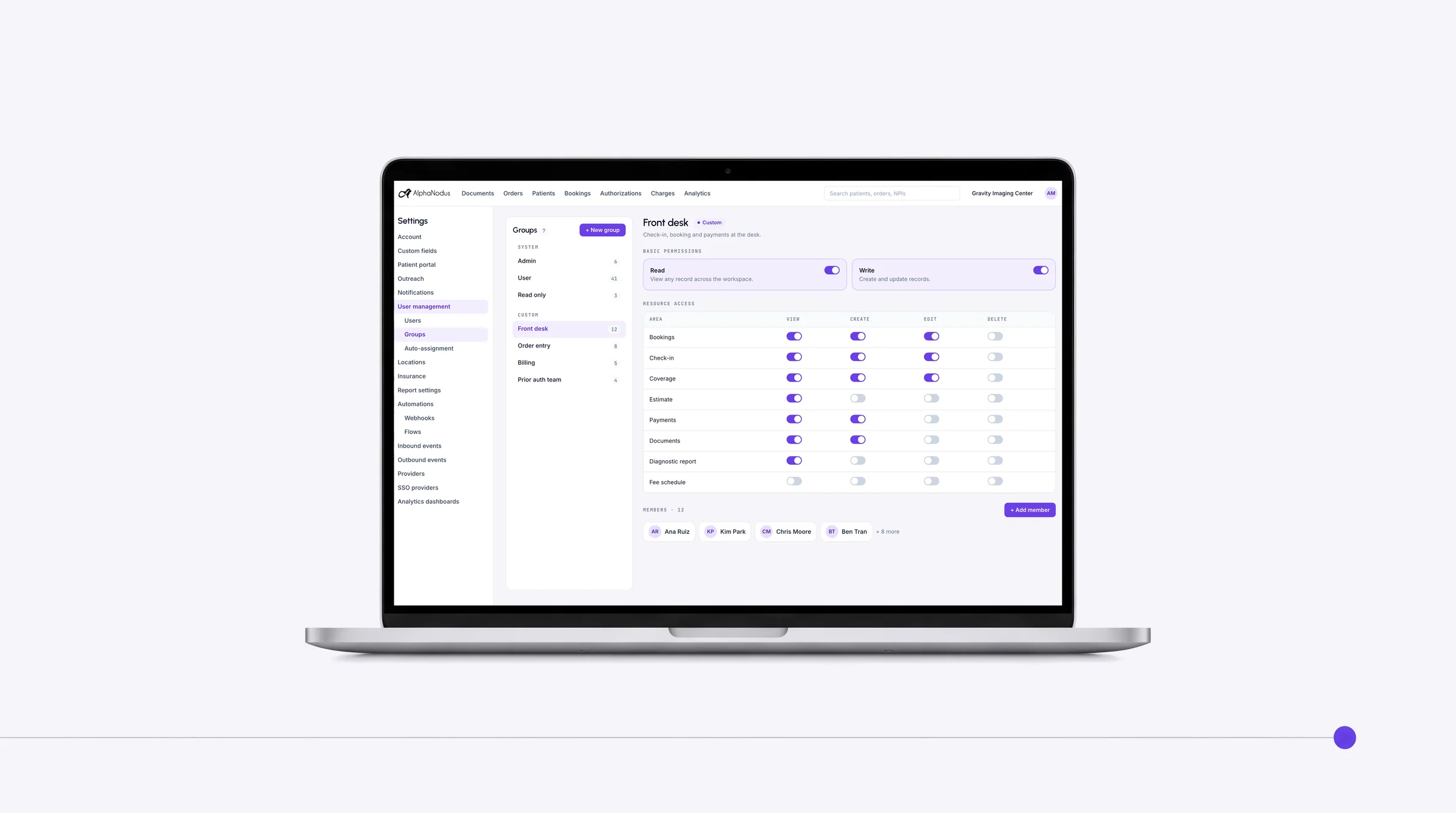 Gravity’s groups and permissions on a laptop: a custom Front desk group with read and write access, and which areas it can view, create, edit and delete