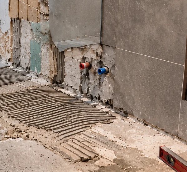 Arrivées d'eau chaude et froide sortant d'un mur mis à nu avant la rénovation d'une salle de bain