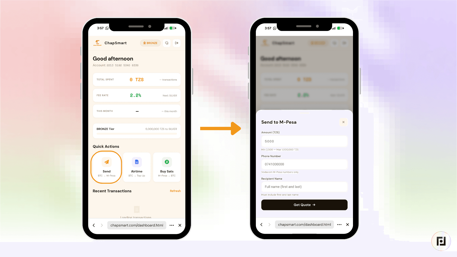 ChapSmart dashboard showing fee rate and quick actions, alongside the Send to M-Pesa form with amount in Tanzanian shillings and recipient phone number fields