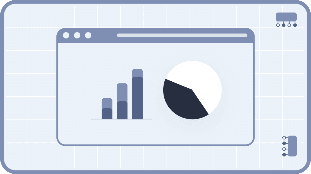 A digital illustration of a web browser window displaying a bar chart and a pie chart, set against a blue grid-patterned background, symbolizing data analytics and web performance insights.