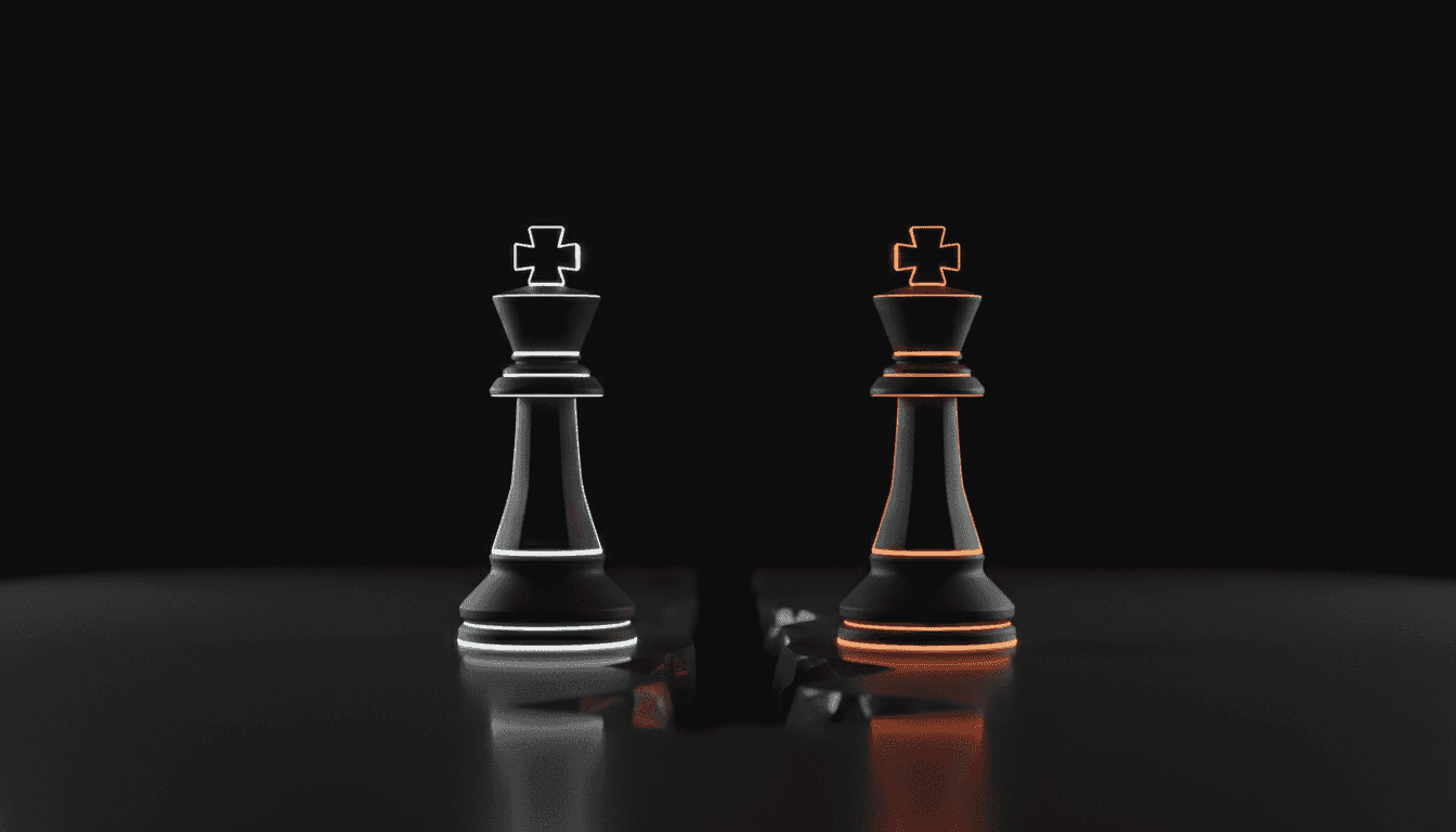 Two illuminated chess kings. One is white, and the other is orange, on a reflective surface.