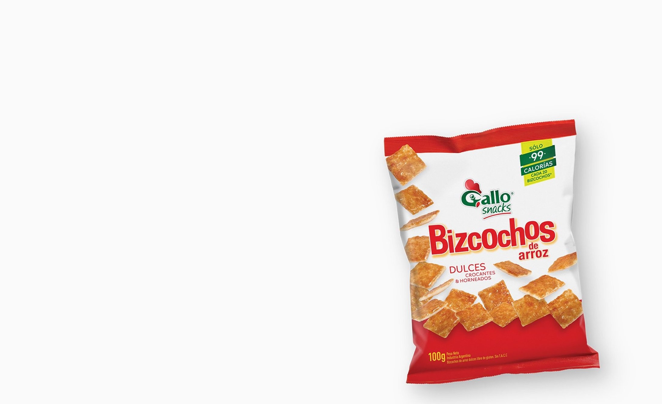Image of a red and white snack bag labeled "Gallo Snacks Rice Crackers," showing crispy rice squares and highlighting "under 99 calories." The tone is light and appetizing.