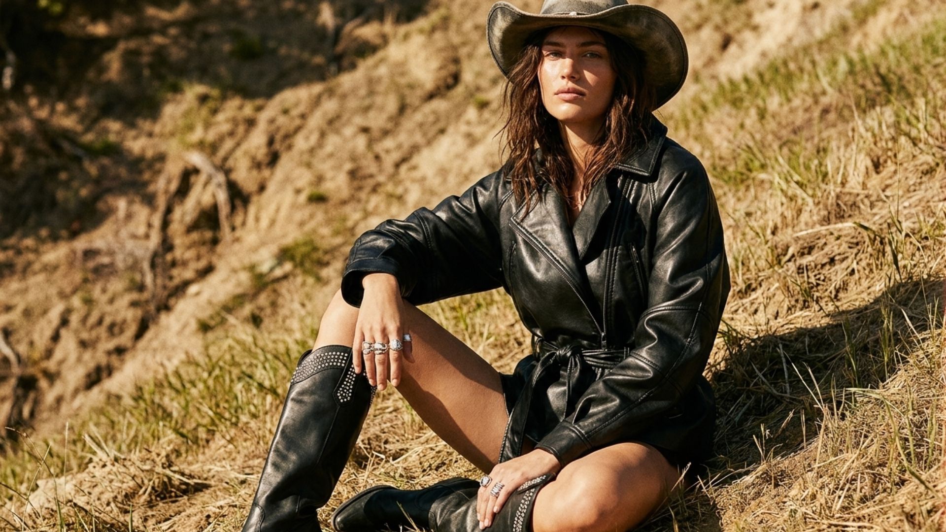 ai model sitting on grass with leather apparel and a cowboy hat