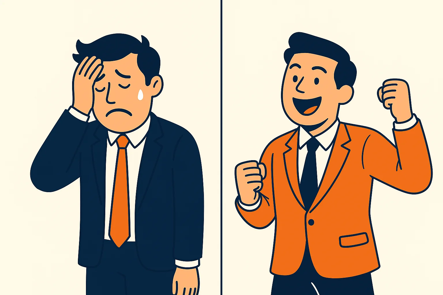 two-men-in-suits-one-looking-stressed-with-hand-on-forehead-and-one-celebrating-with-raised-fists