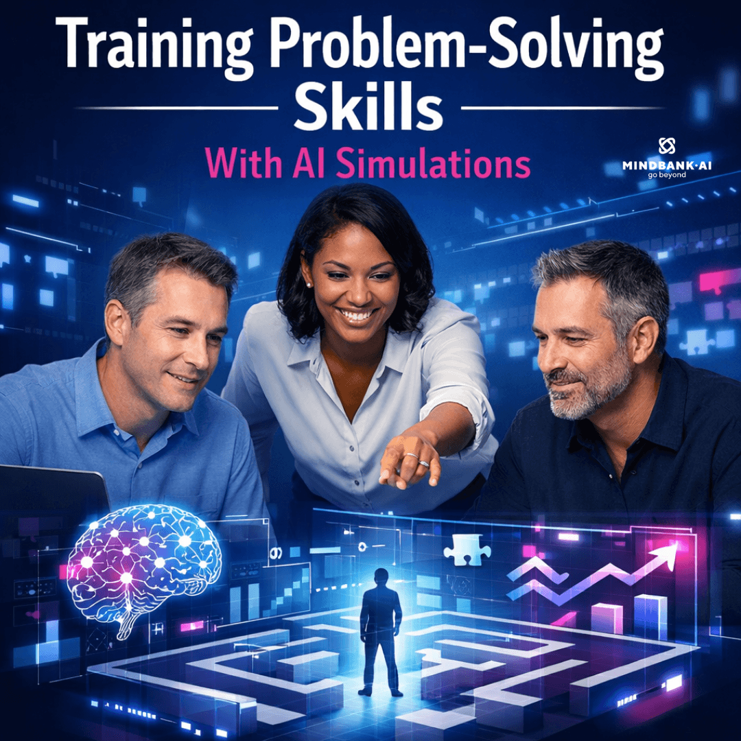 AI simulation platform training professionals in problem-solving, showing data analysis, decision-making scenarios, and strategic thinking in a virtual business environmen