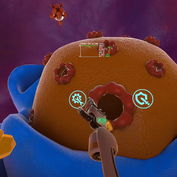 A diegetic VR interface that lets players choose between cell-maintenance proteins and combat proteins, balancing survival and strategy.