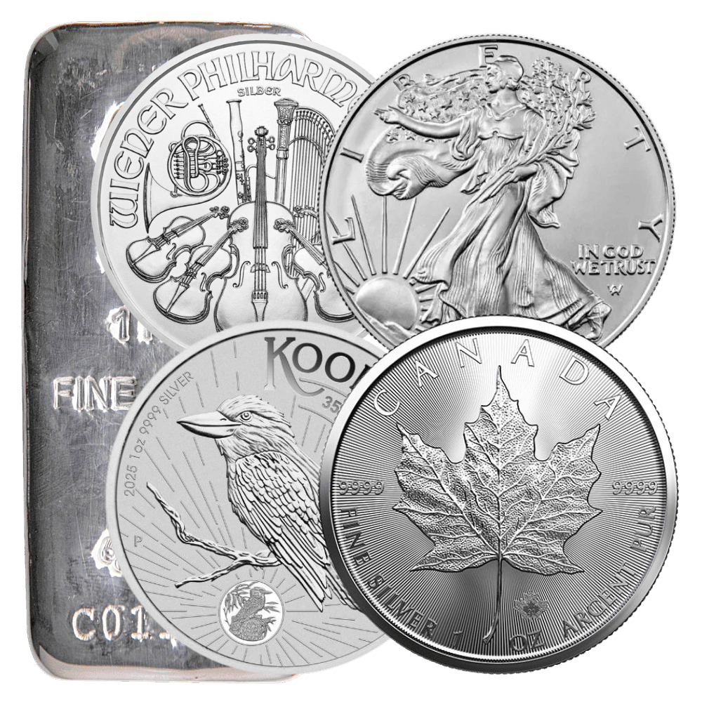 Selection of IRA-eligible silver including American Silver Eagles, Canadian Maples, and Austrian Philharmonics.
