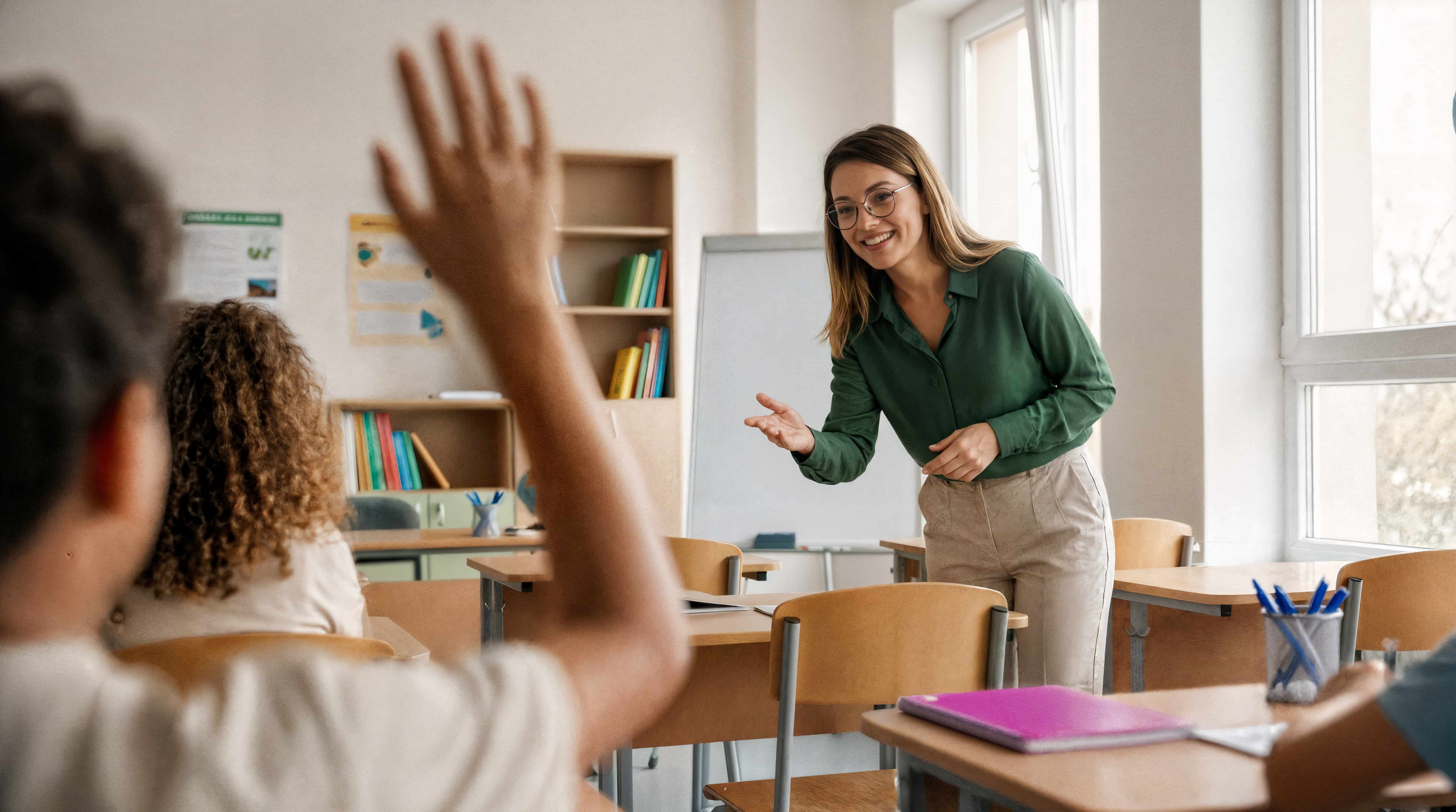 Teacher engaging with students in a bright classroom setting.