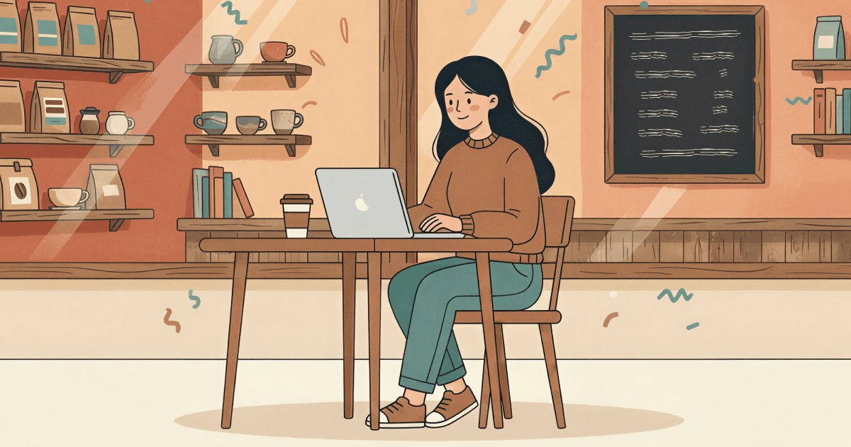 Illustrated young woman with long dark hair sitting at a café table working on a laptop. She wears a brown sweater and teal pants. A takeaway coffee cup on the table beside the laptop. Warm café interior with wooden shelves holding coffee bags and cups on the left wall, a chalkboard menu on the right wall, and warm coral-toned walls. Hand-drawn doodle marks in teal and coral are scattered around. Flat painterly style, variable linework.
