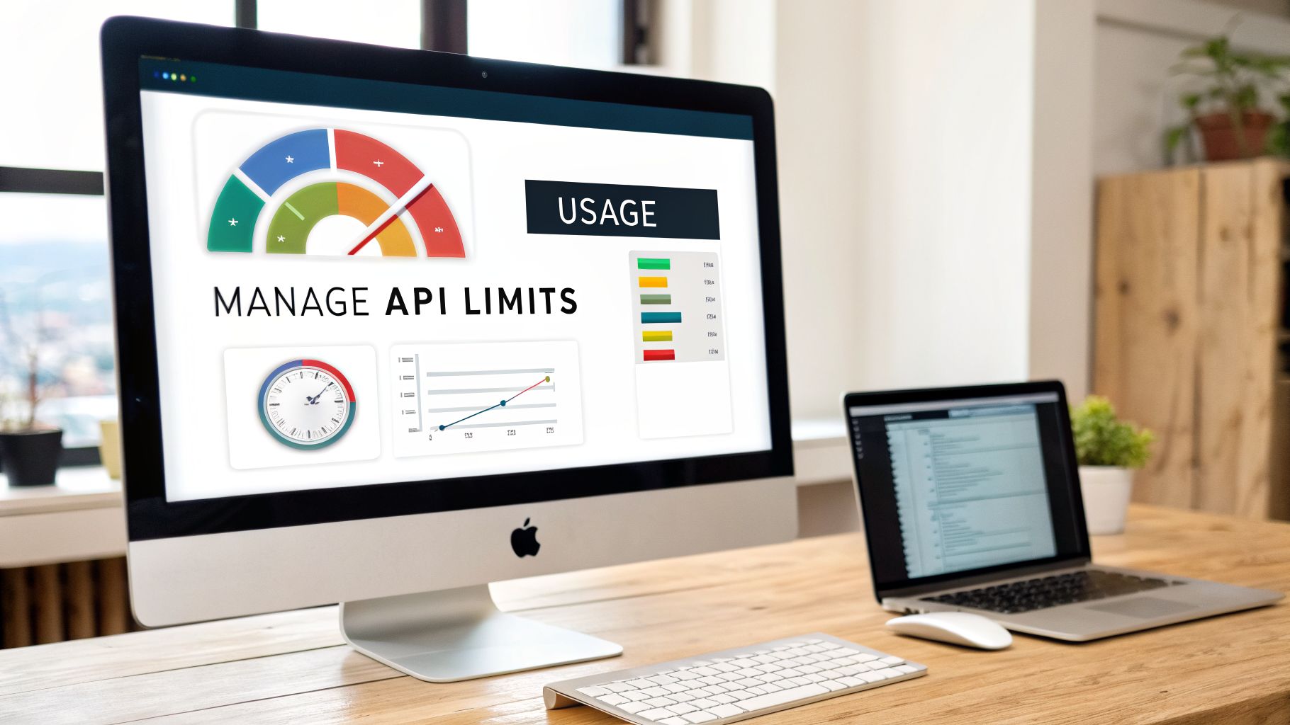 A computer screen displays an API limits and usage dashboard with charts and gauges in a modern office.