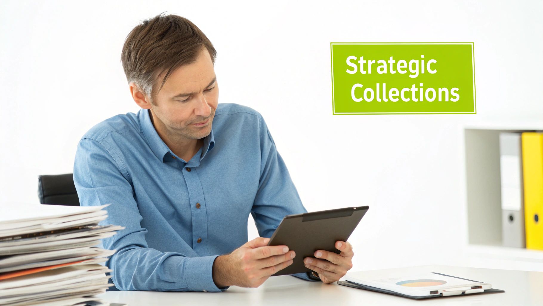 A man in a blue shirt holds a tablet at a desk with papers and a sign that says 'Strategic Collections'.