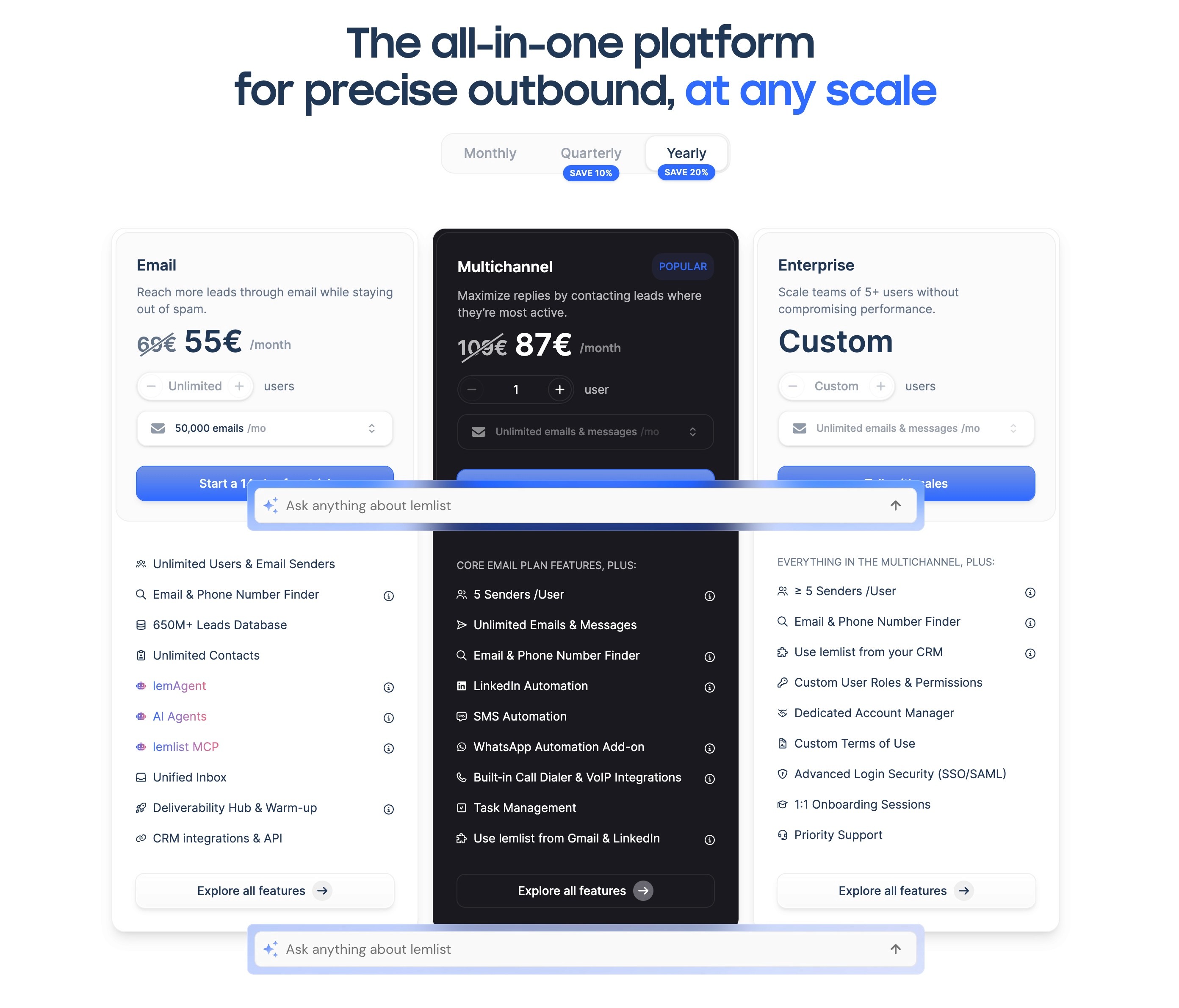 Lemlist, the pricing page showing the Email and Multichannel plans with the per user wording visible