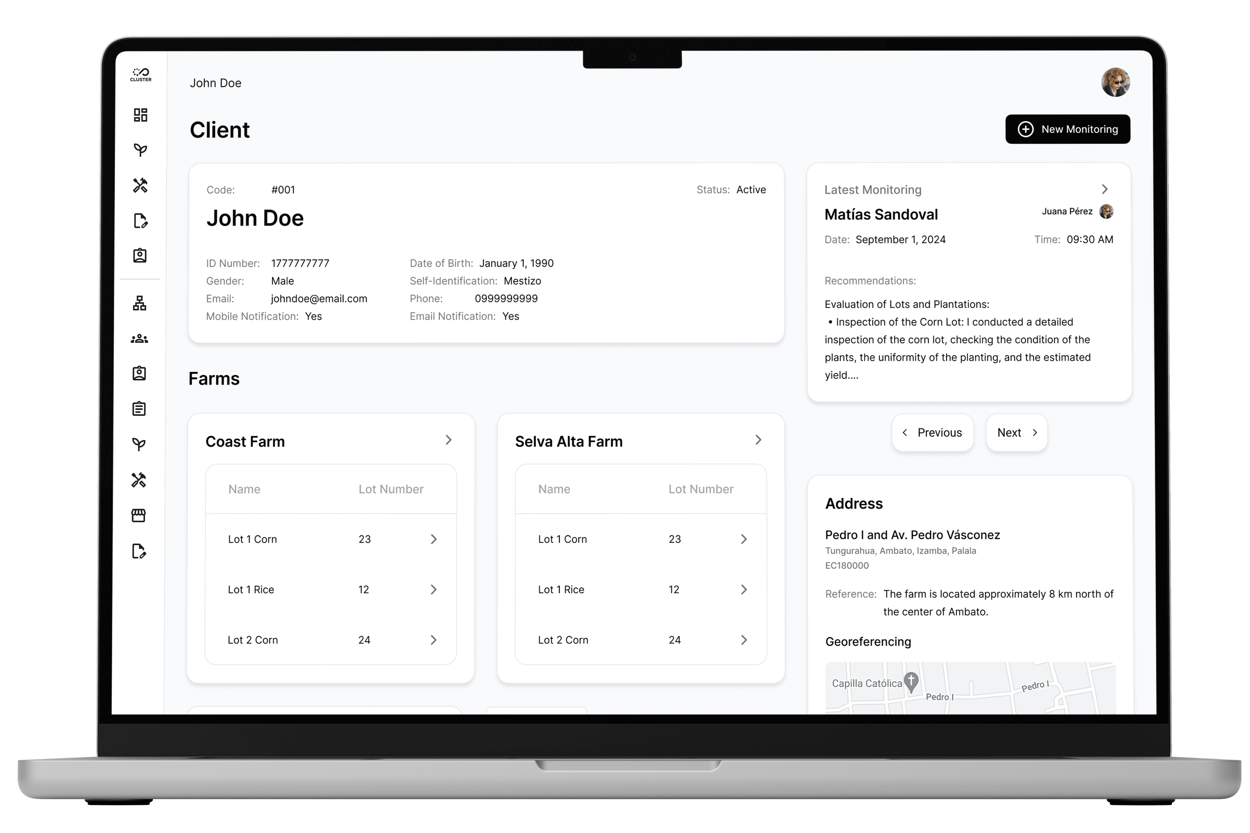 Client dashboard interface for an agricultural monitoring platform, showing client details, farms, crop lots, and latest inspection reports.
