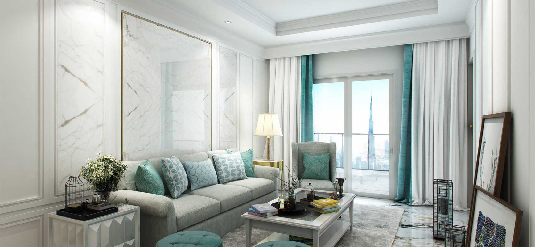 Bright living room with teal accents and a balcony door overlooking the city at Elite Business Bay Residence.