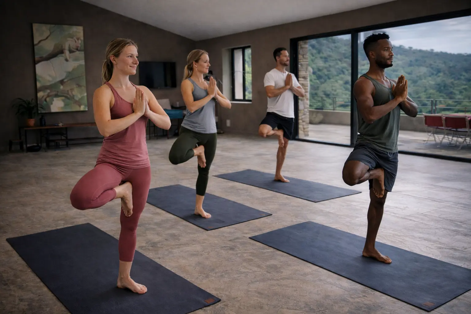 Students finding balance in Tree Pose (Vrksasana) during a morning Hatha yoga session at Ulu Yoga France.