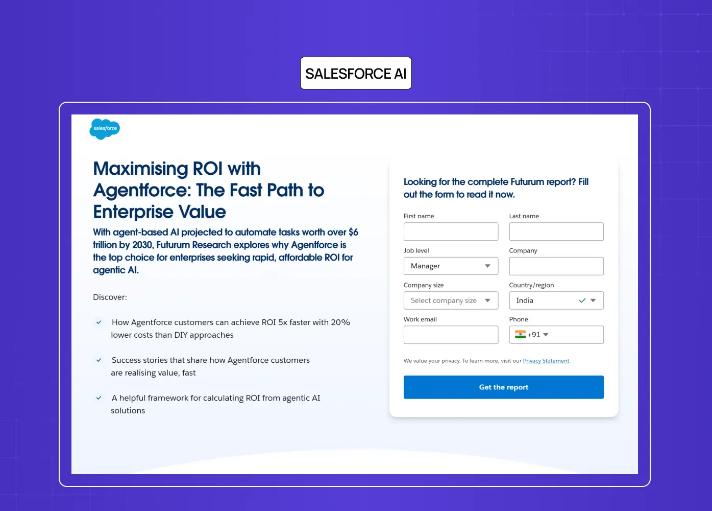 Landing page promoting Salesforce Agentforce, highlighting enterprise AI adoption, ROI benefits, and lead generation through a downloadable report.