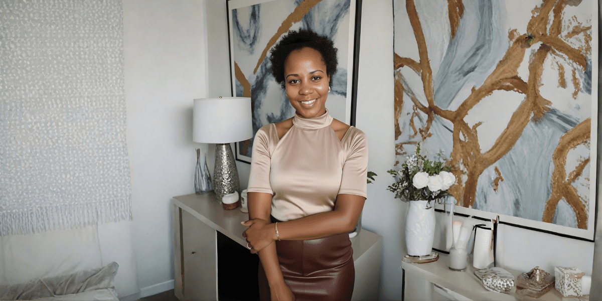 Smiling woman standing in a stylish modern living room with abstract artwork and elegant décor.