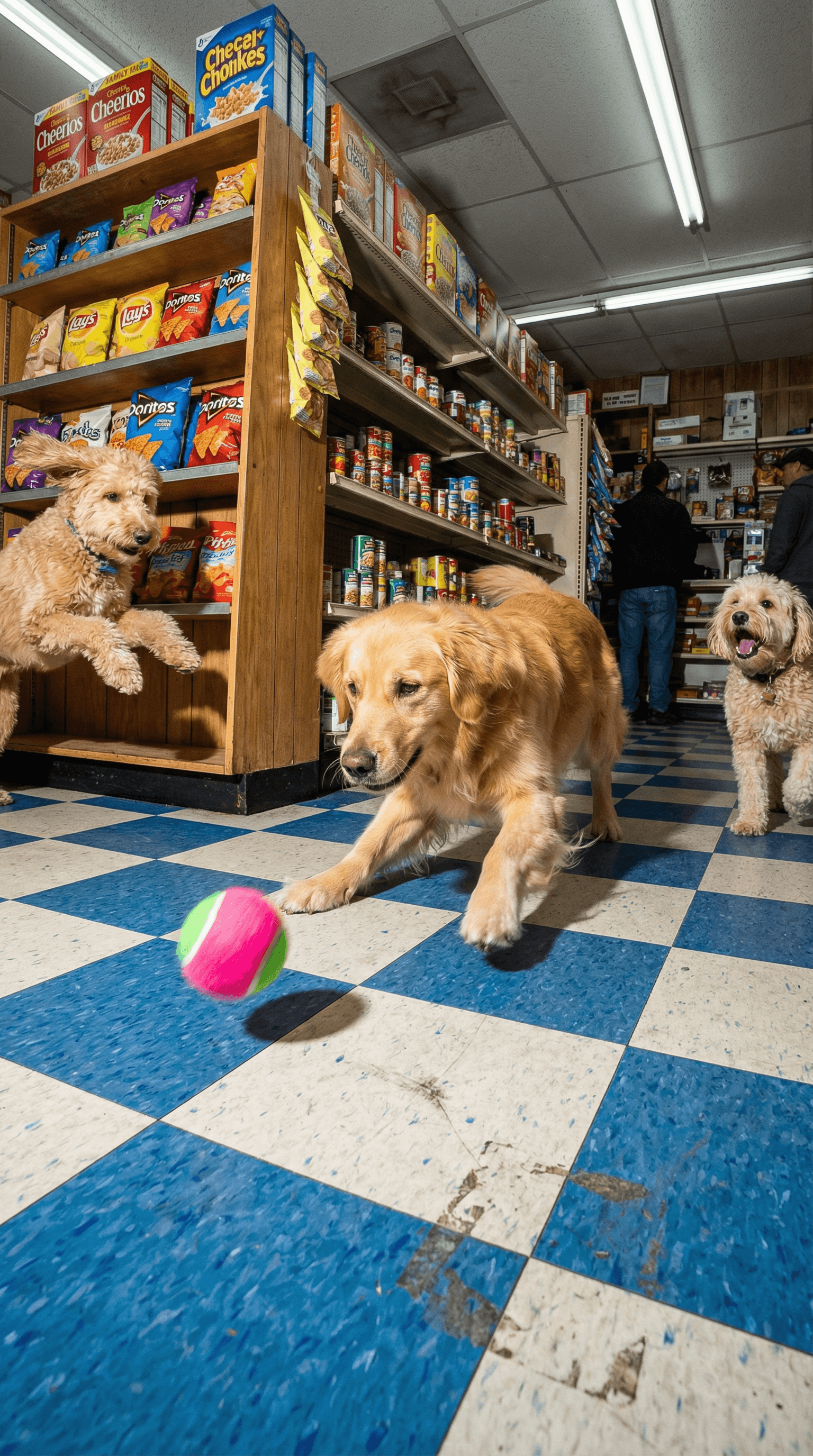 Golden retriever chasing a neon tennis ball on a bodega floor with snack shelves behind