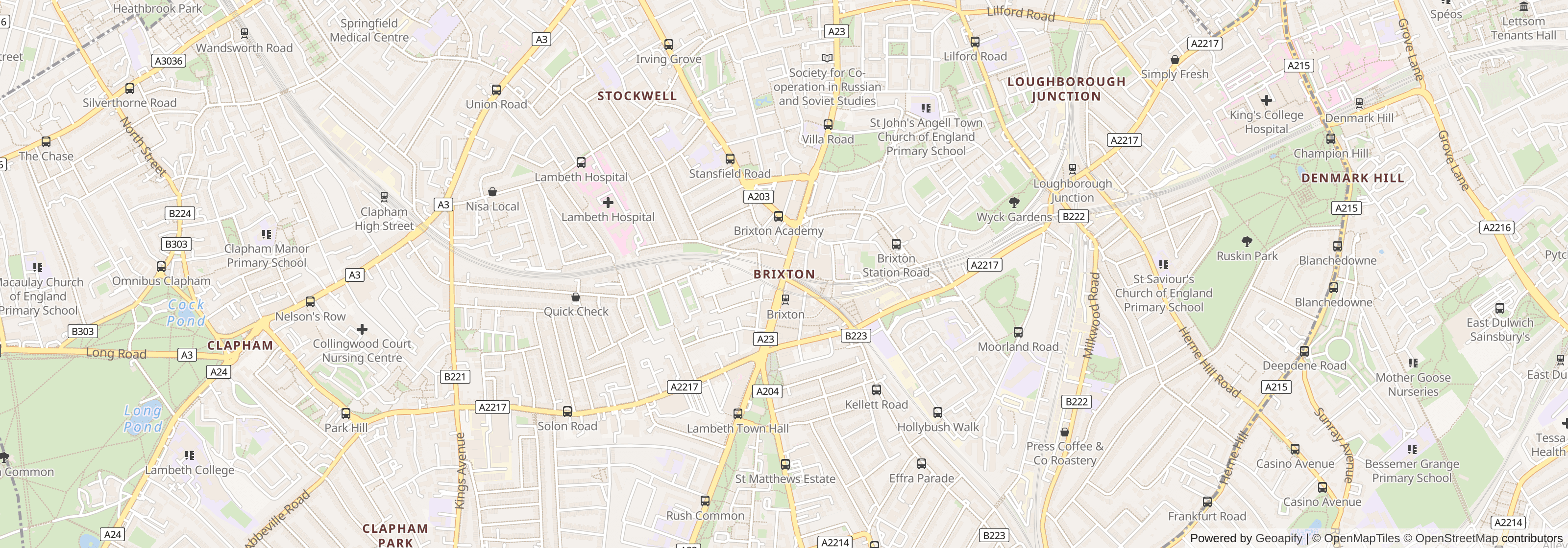 Street map of Brixton, Lambeth, London showing local roads and surrounding areas