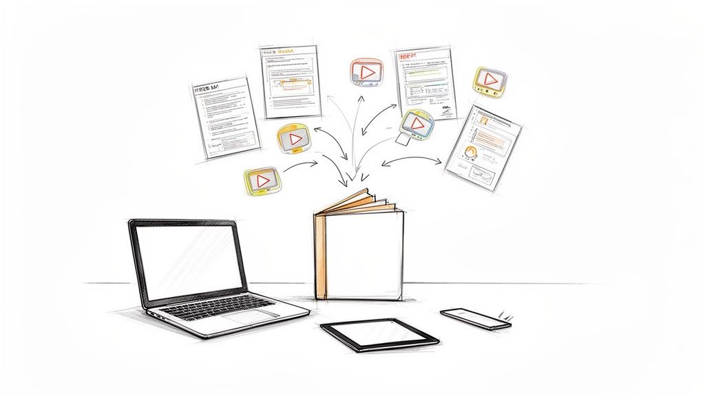 A sketch illustrating digital documents and videos feeding into a physical book, with a laptop, tablet, and phone.