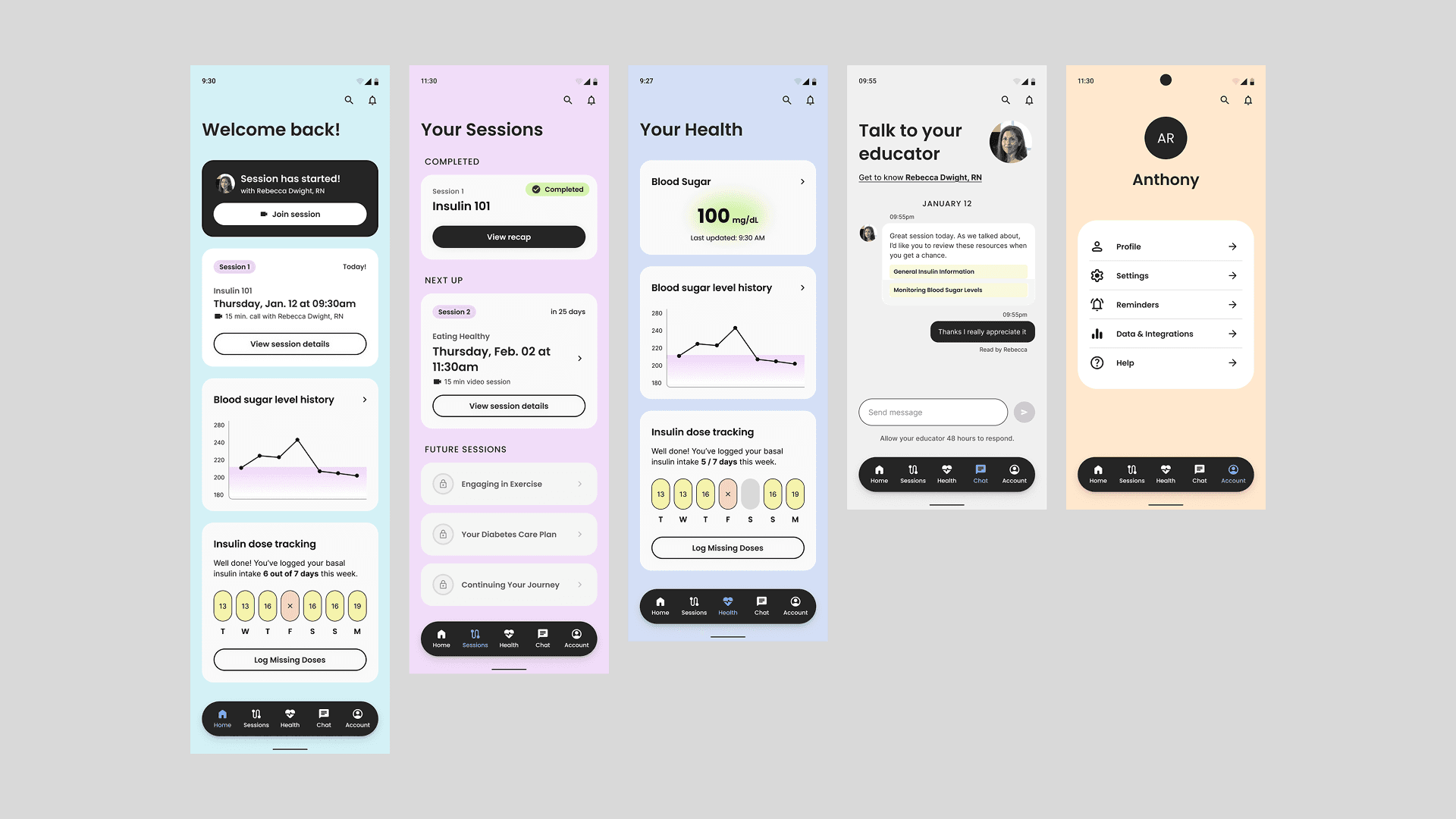 Five smartphone screens display a diabetes management app with sessions, health stats, and educator chat. Colors are pastel. Tone is welcoming.