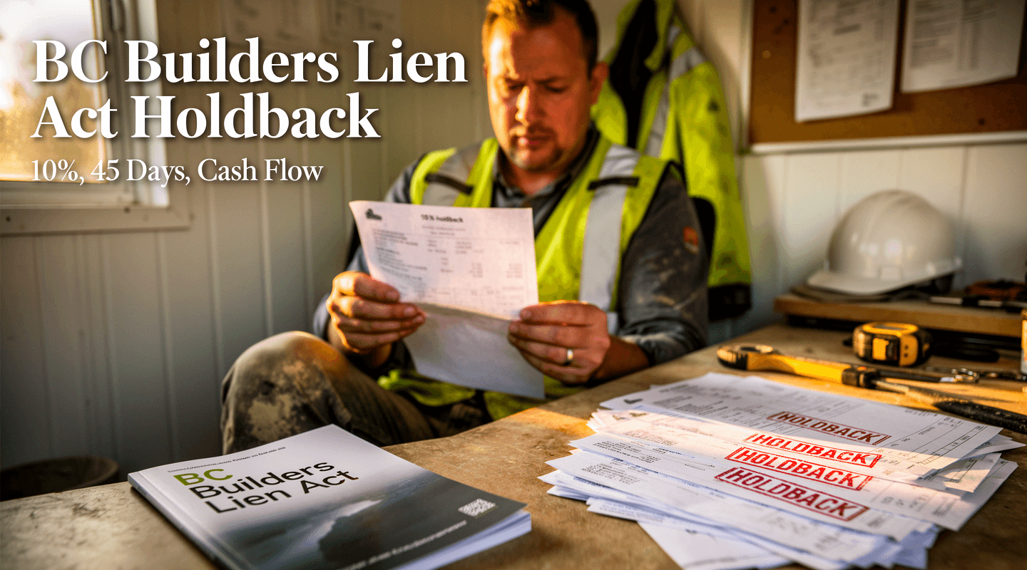 A BC subcontractor reviewing a bank statement next to a stack of holdback-marked invoices, with a partial Land Title Office lien filing form visible on the side