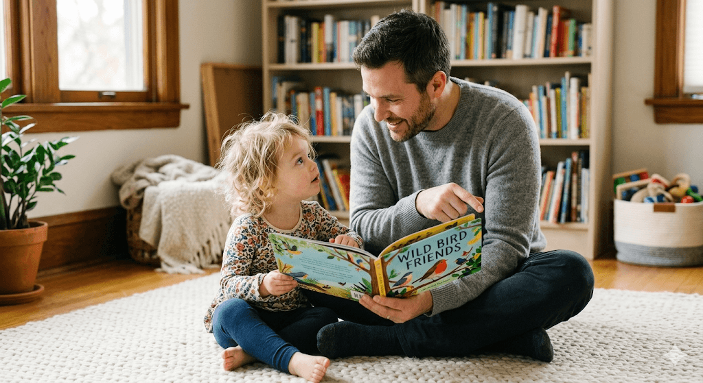 A warm, candid shot of a father and his 2-year-old daughter sitting on a soft rug, looking at a colorful picture book together. The father is pointing at a bird, and the child is looking at him with an expressive, curious face. Soft lighting, cozy home environment, heart-touching and high-resolution photography.