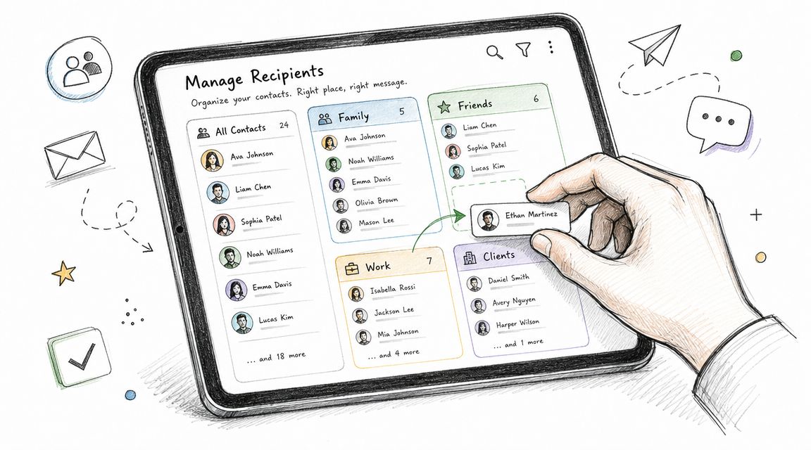 A hand dragging and dropping a contact card into a categorized group on a tablet interface.