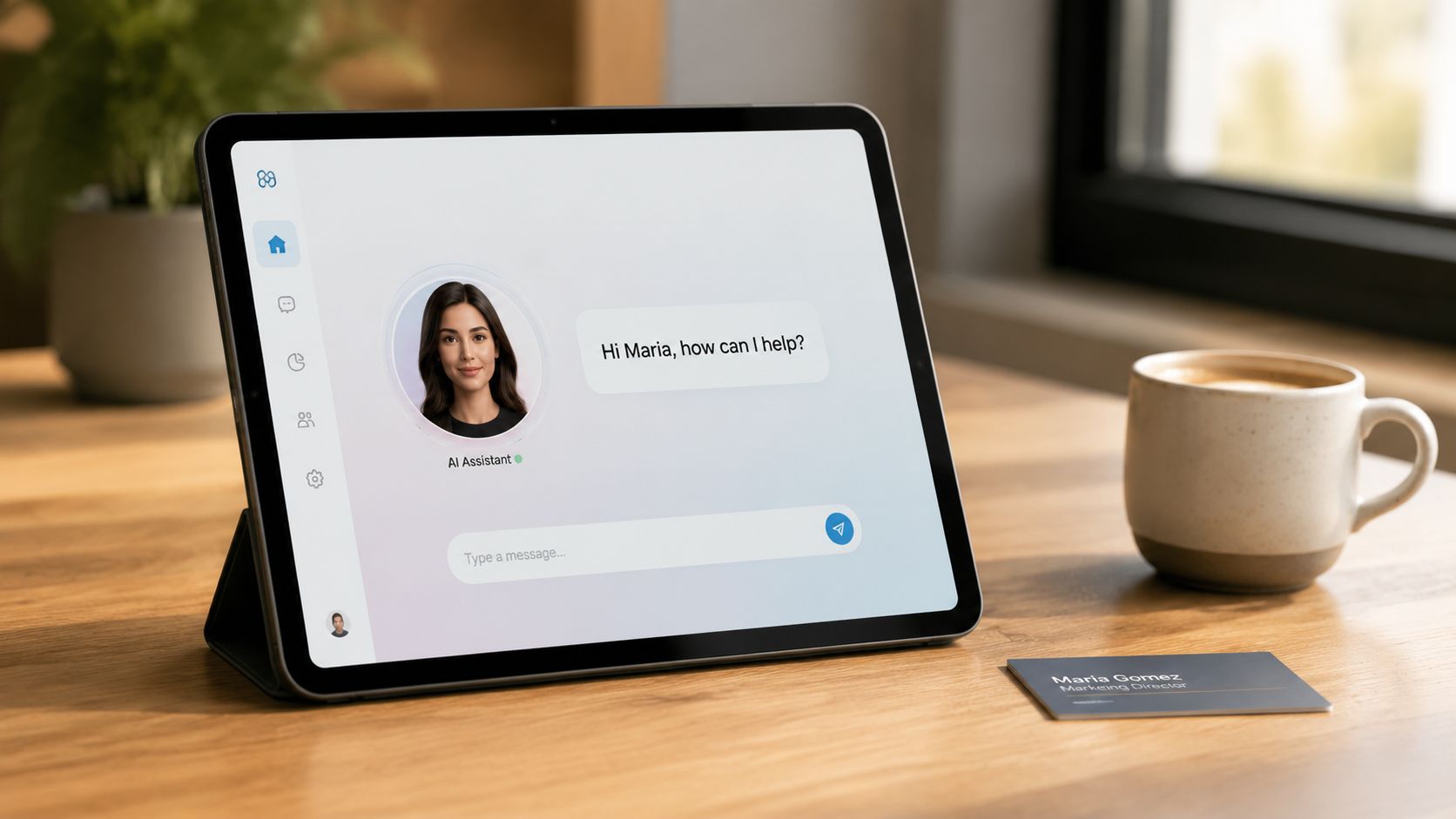 A digital tablet displaying an AI customer service assistant interface on a wooden desk next to a coffee.