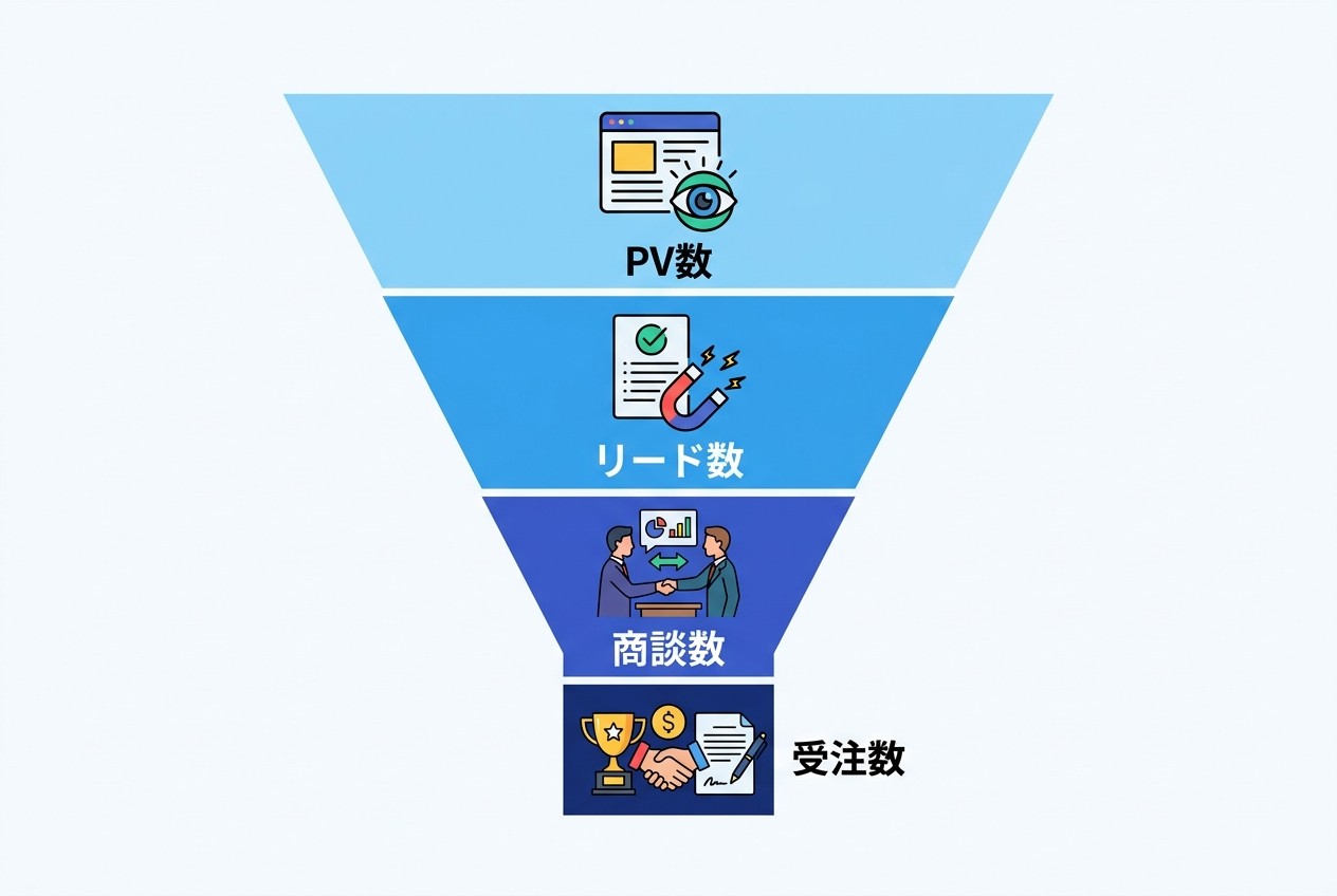 コンテンツマーケティングの効果測定は、PV数（集客）→リード数（獲得）→商談数（育成）→受注数（成約）の4段階で追跡する。各段階の転換率改善により全体のROIを最適化できる。
