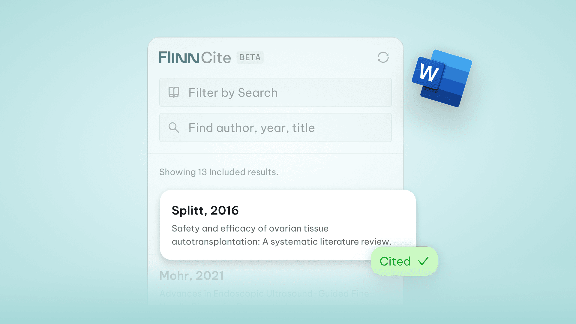 Flinn Word Plugin showing a cited reference with a confirmation checkmark.