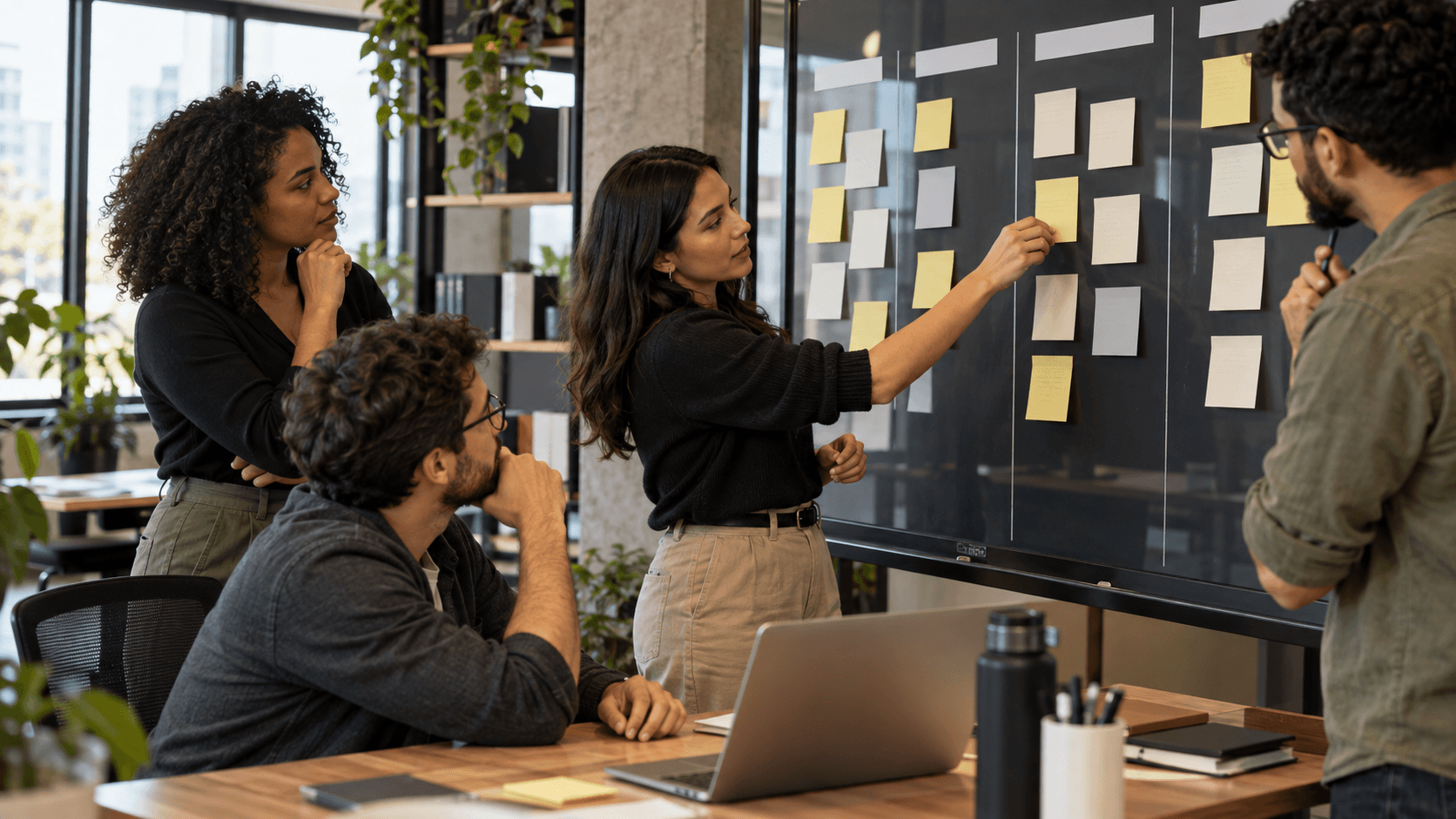 Equipe organizando prioridades e dependências de produto em um quadro de planejamento.
