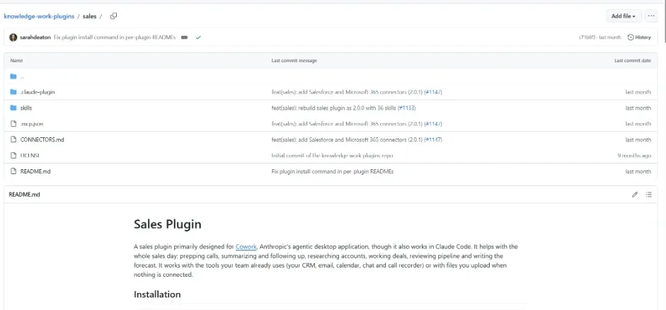 Screenshot of Anthropic's free Sales plugin on GitHub