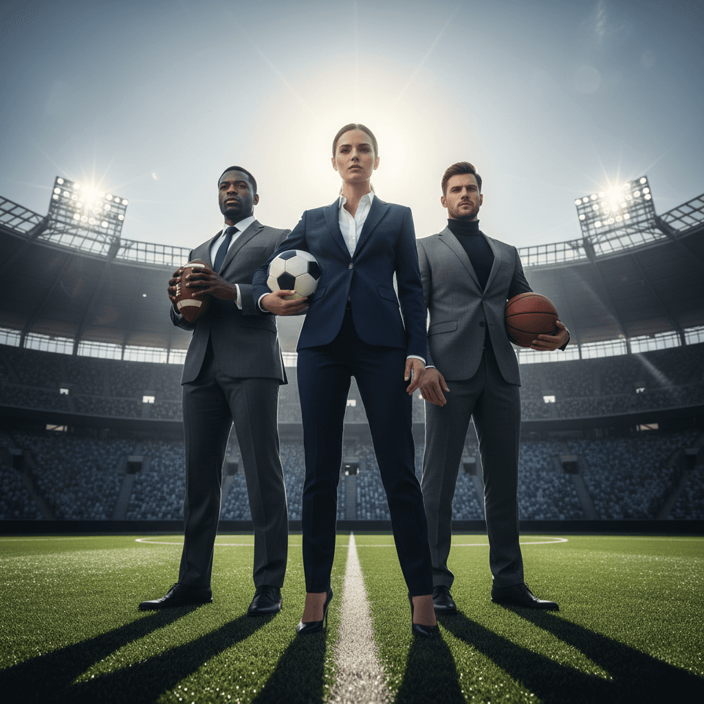Three athletes in suites holding differnt sport balls in a stadium