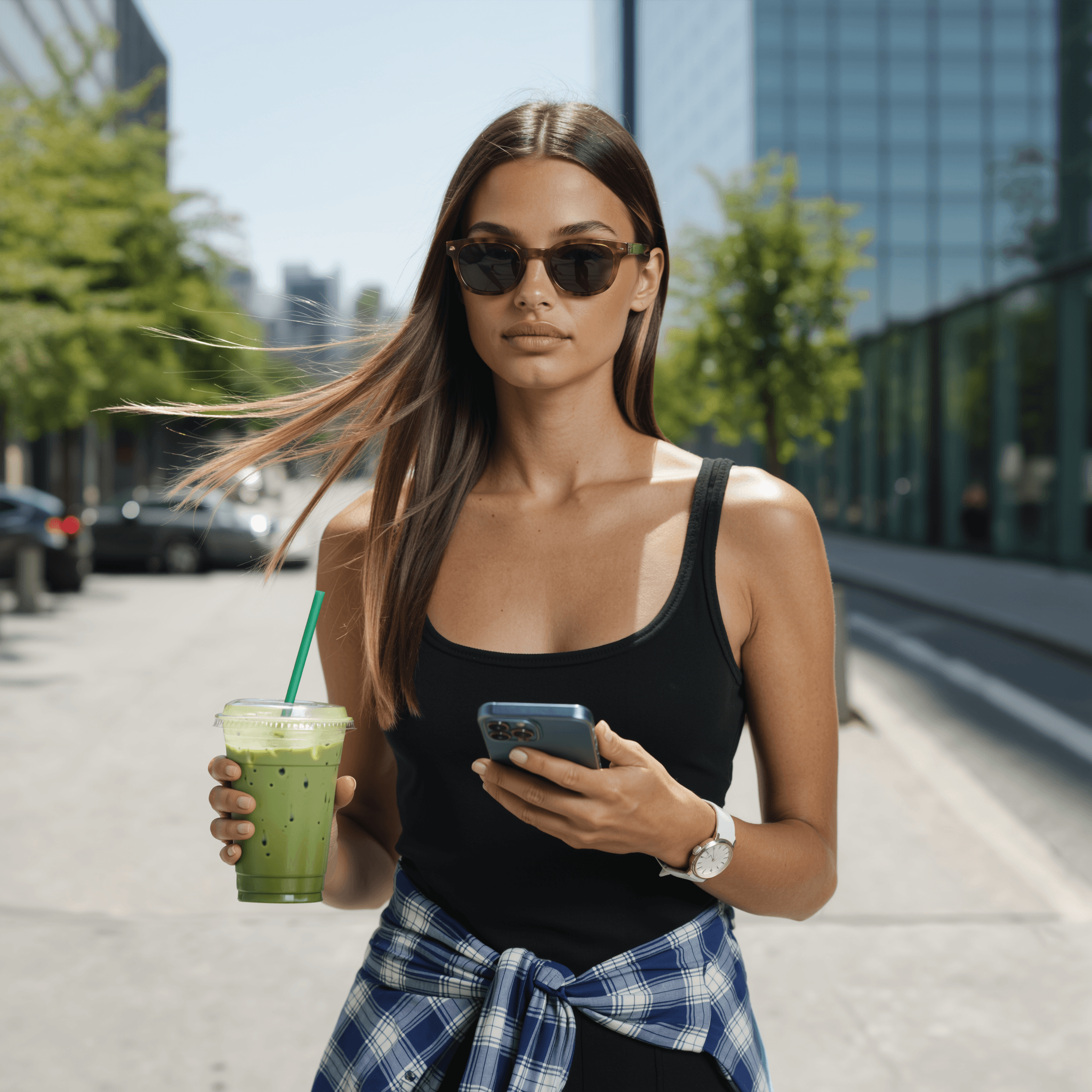 KI-generiertes weibliches Model läuft durch eine moderne Stadtstraße, trägt Sonnenbrille und schwarzes Tanktop, hält einen Eiskaffee bzw. Matcha-Drink und schaut auf ihr Smartphone – hochwertiger AI-Lifestyle-Content für Fashion-Brands, Urban-Marketing und Social-Media-Kampagnen.