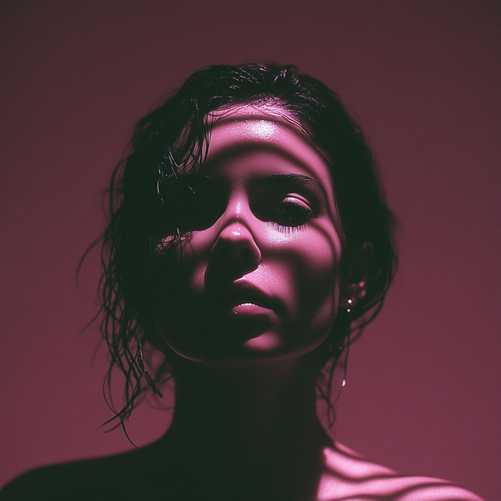 Portrait of woman with curly hair in dramatic magenta lighting